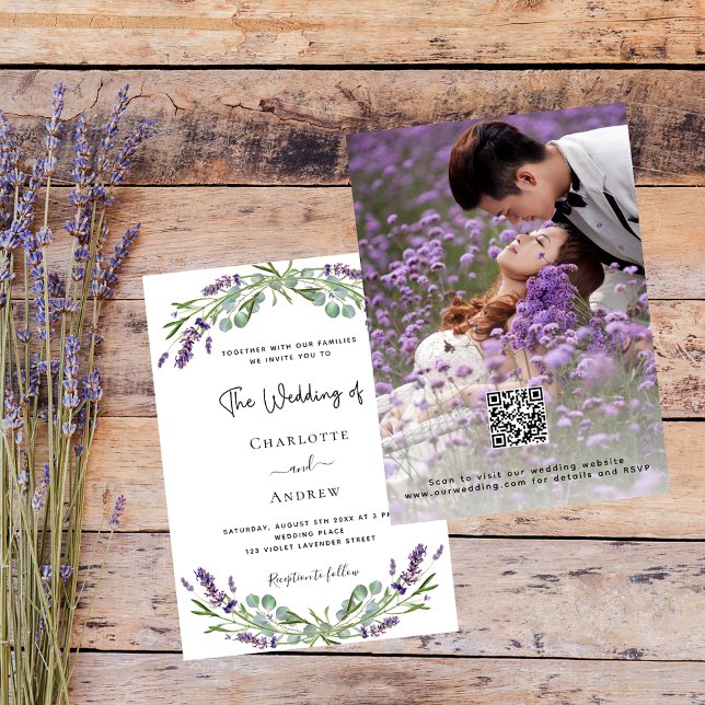 Invitation Floraux violets de lavande photo QR RSVP mariage (Créateur téléchargé)