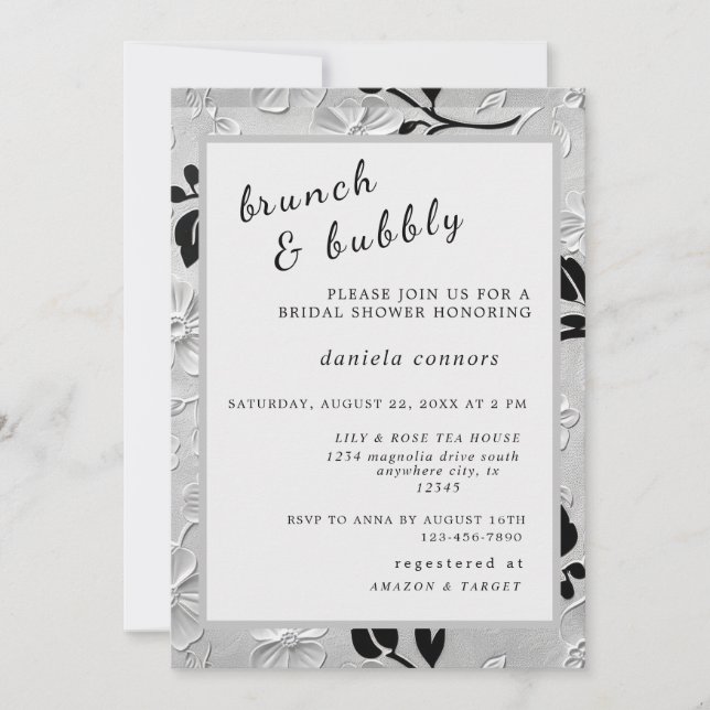 Invitation Flore B & W personnalisée Brunch & Bubbly (Devant)