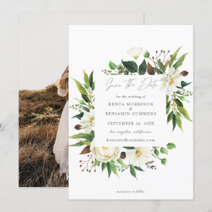 Invitation Flore blanche et verdure Enregistrer la photo Date