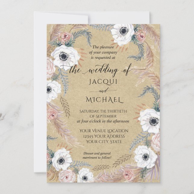 Invitation Flore blanche rustique Kraft BOHO Pampas Grass Tro (Devant)