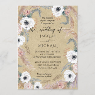 Invitation Flore blanche rustique Kraft BOHO Pampas Grass Tro