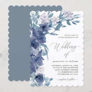 Invitation Flore bleu chic avec Mariage de calligraphie