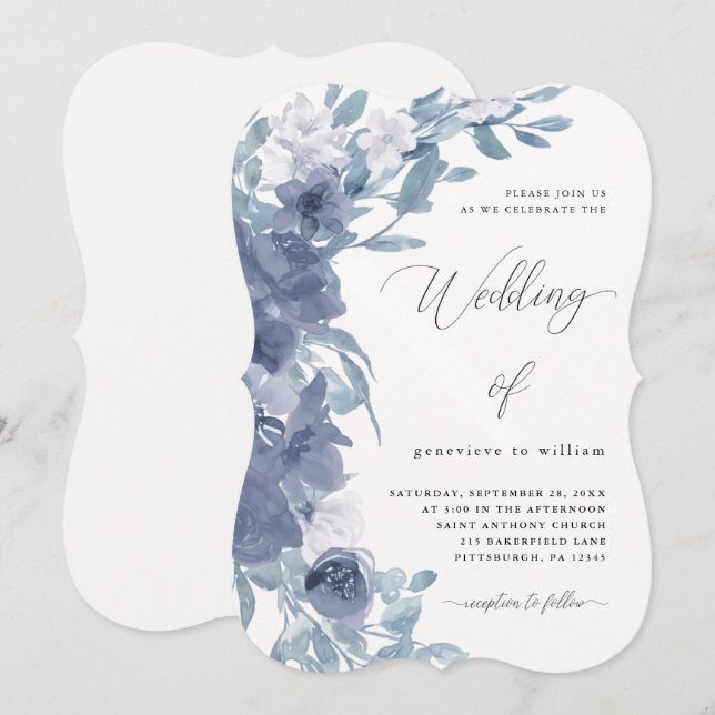 Invitation Flore bleu chic Dusty avec Mariage de calligraphie (Devant / Derrière)