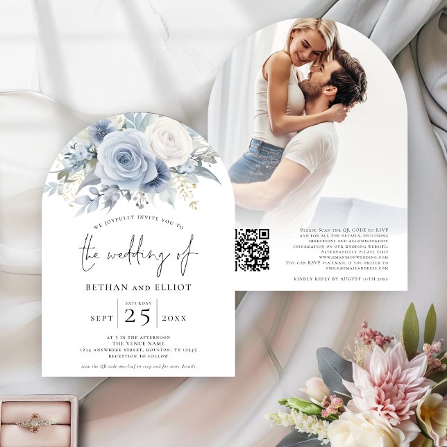 Invitation Flore bleu Dusty Photo QR Code Arch Mariage (front and back view)