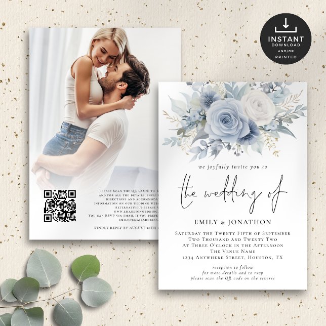 Invitation Flore bleu Dusty Photo QR Code Mariage (Front and back view)