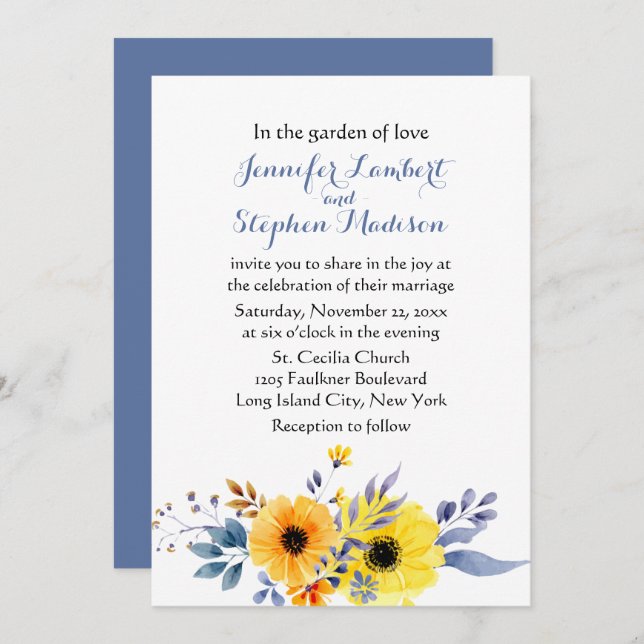 Invitation Flore bleu Mariage Aquarelle Fleurs jaunes (Devant / Derrière)