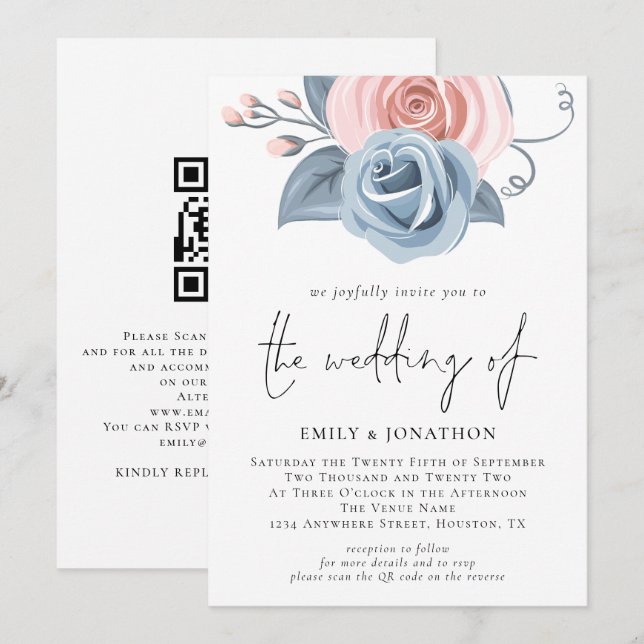 Invitation Flore bleu roux rose pâle Mariage de code QR (Devant / Derrière)
