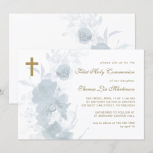 Invitation Flore Bleue délicate avec communion sainte croisée