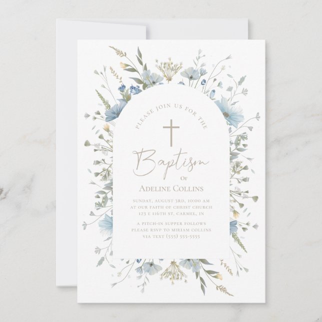 Invitation Flore Bleue Dusty Élégante Avec Baptême Script (Devant)