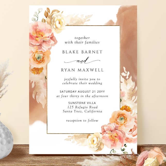 Invitation Flore brune, Mariage d'aquarelle en terre cuite (Créateur téléchargé)