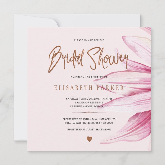 Invitation Flore brush cuivre parties scintillant script douc (Devant)