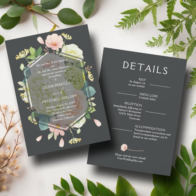 Invitation Flore chic Mariage foncé tout en un (Chic Florals Dark All in One Wedding Invitations with your details on the back)