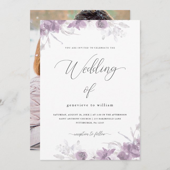 Invitation Flore chic violet avec calligraphie Mariage photo (Devant / Derrière)