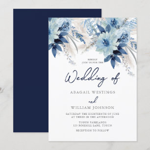 Invitation Flore couleur bleu pâle avec Mariage de marine