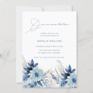 Invitation Flore d'aquarelle bleu Dusty Quinceañera