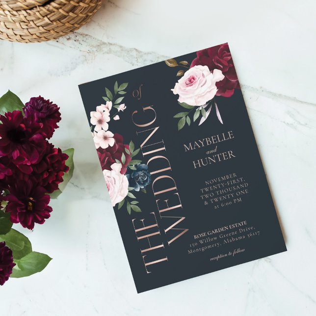 Invitation Flore d'aquarelle classique en Bourgogne et marine (Classy Bold Burgundy & Navy Watercolor Florals Invitation)