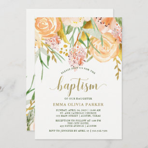 Invitation Flore d'aquarelle d'or sur blanc  Baptême