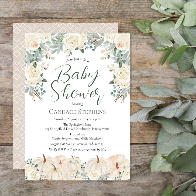 Invitation Flore de crème | Automne Citrouille | Baby shower  (Beautiful gender neutral forest and sage green with cream-colored pumpkins and florals "Baby Shower")