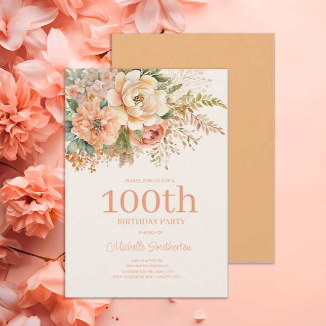 Invitation Flore de crème de pêche 100e anniversaire (Elegant peach and cream-colored 100th birthday party invitation)