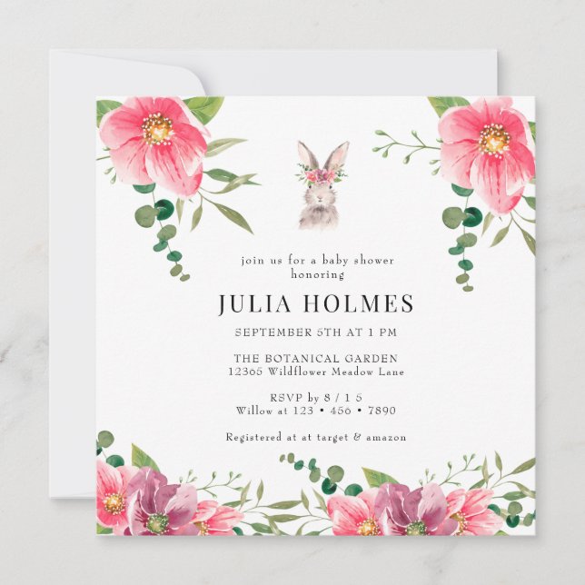 Invitation Flore de lapin | Baby shower verdoyant (Devant)