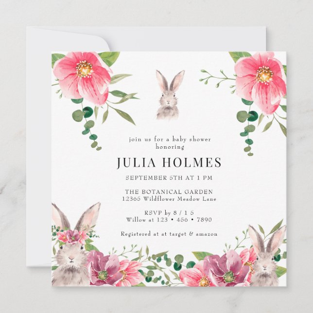 Invitation Flore de lapin | Baby shower verdoyant (Devant)