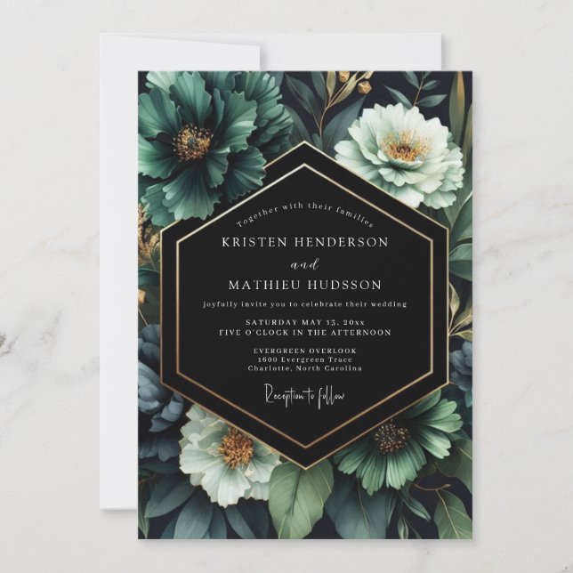 Invitation Flore de mariage nocturne émeraude (Devant)