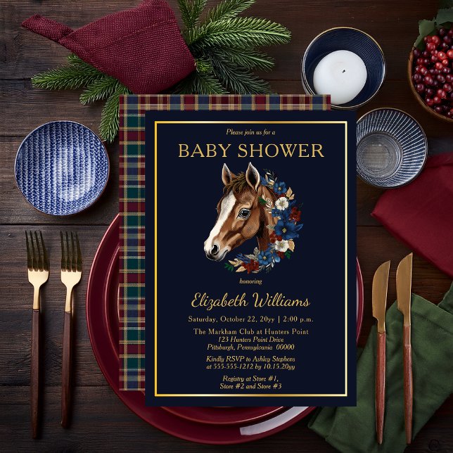 Invitation Flore de poulain équestre de Preppy | Baby shower (Charming Classic Preppy Equestrian Foal and Floral Wreath | Plaid Background Boy Baby Shower Invite)