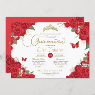 Invitation Flore de rose rouge et papillons Quinceanera
