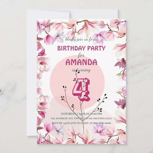 Invitation Flore dégradé rose Fleur Flore Anniversaire Parc (Devant)