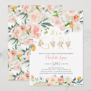 Invitation Flore d'or rose vif C'est un Baby shower de fille