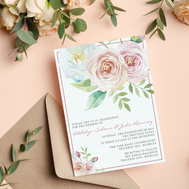 Invitation Flore douce Romantique verdure rose Mariage mauve (Créateur téléchargé)