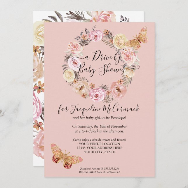 Invitation Flore Dusty Rose Wreath Butterfly Drive Par Douche (Devant / Derrière)