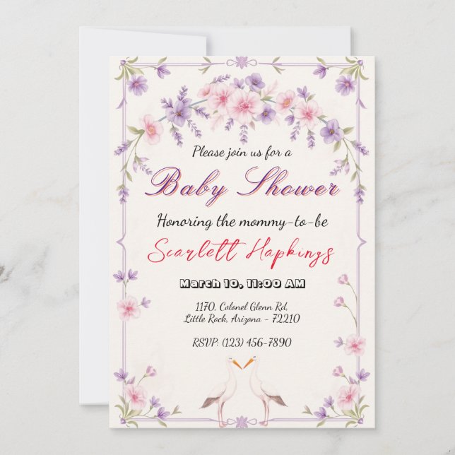 Invitation Flore élégant avec Baby shower de cigogne (Devant)