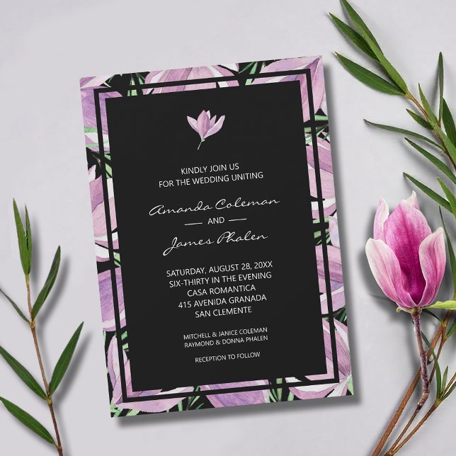Invitation Flore élégant sur Mariage noir (Elegant purple and white magnolias wedding invitations - INSTANT DOWNLOAD and/or PRINTED)