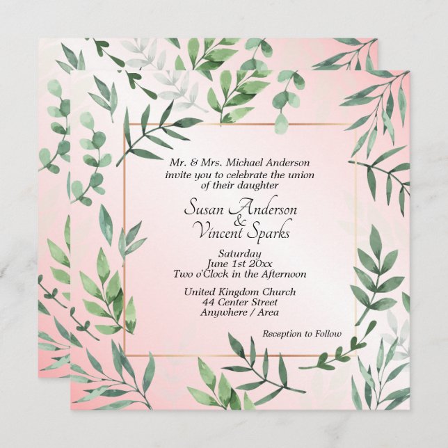 Invitation Flore et faune élégantes Touche de Mariage rose (Devant / Derrière)