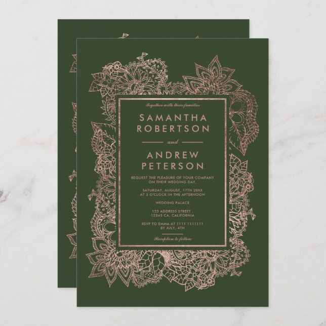 Invitation Flore faux rose or cadre chasseur mariage vert (Devant / Derrière)