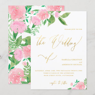 Invitation Flore floue avec Mariage de calligraphie en or Fau