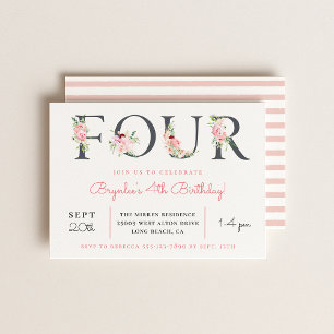 Invitation Flore floue quatre 4e fête d'anniversaire