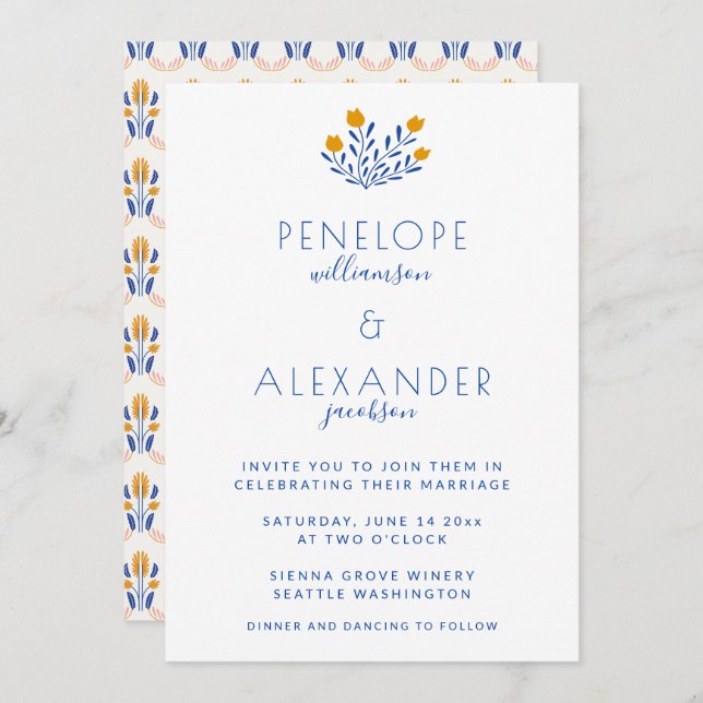 Invitation Flore folk Scandi en Mariage bleu et jaune (Devant / Derrière)