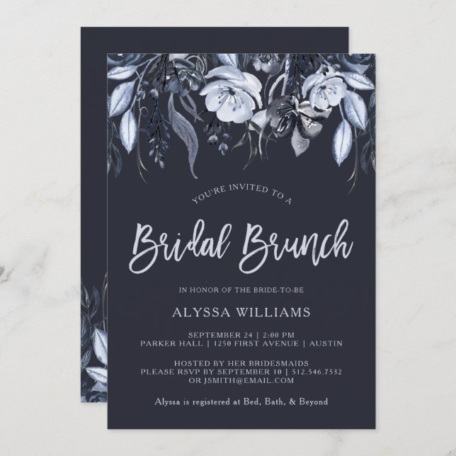 Invitation Flore foncé | Brunch nuptial bleu aquarelle (Devant / Derrière)