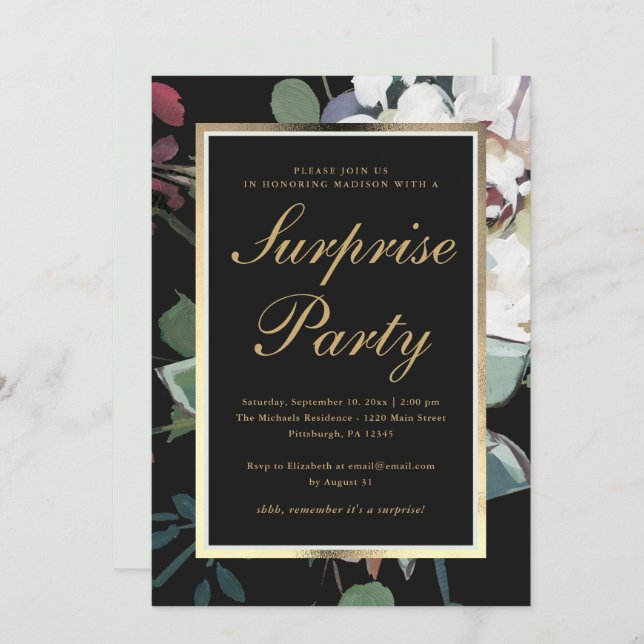 Invitation Flore foncée avec Faux Gold Frame Surprise Party (Devant / Derrière)