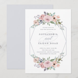 Invitation Flore géométrique bleu et Rose   MARIAGE