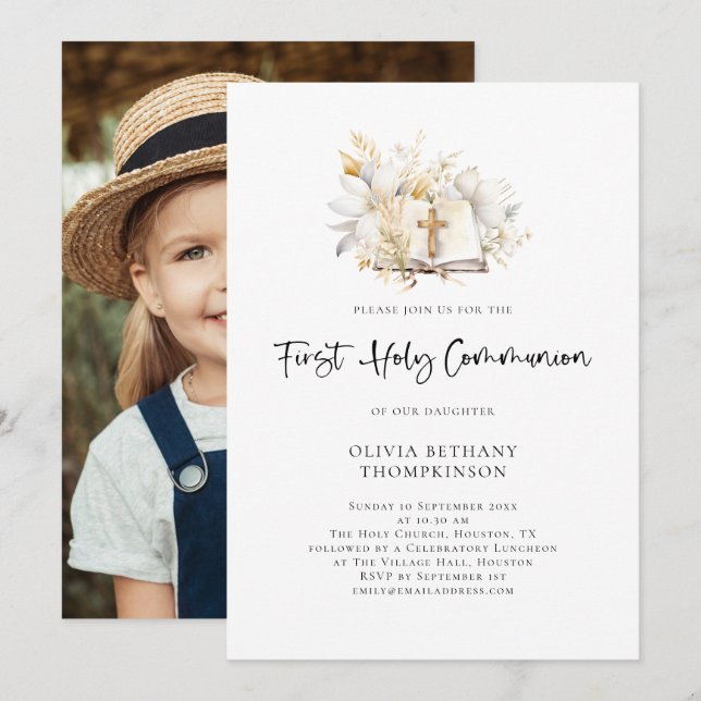 Invitation Flore moderne Bible Photo Première Communion saint (Devant / Derrière)