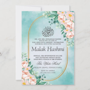 Invitation Flore moderne feuille bleu islamique Aqiqa Aqeeqa