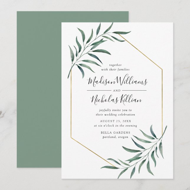 Invitation Flore Moderne | Mariage Cadre Géométrique Doré (Devant / Derrière)