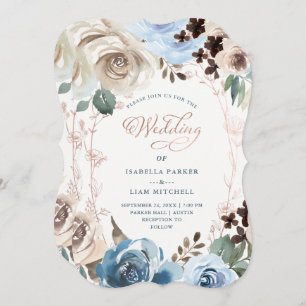 Invitation Flore neutre et bleue  Faux Rose Gold Mariage