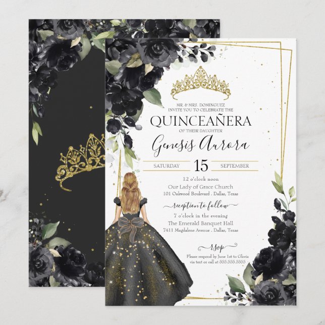 Invitation Flore noire Accent or élégant Quinceanera (Devant / Derrière)