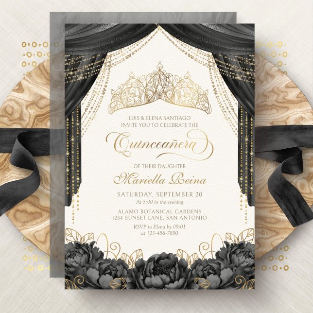 Invitation Flore noire moderne Tiara Quinceanera (Créateur téléchargé)