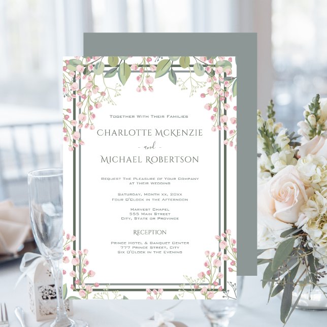 Invitation Flore Ressort Rose Avec Mariage RSVP (Spring Blossoms, Pink Blush, Mint Green, Wedding Invitation)