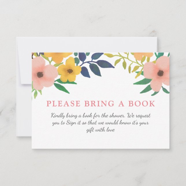Invitation Flore rose aquarelle| Baby shower Apporter Un Livr (Devant)